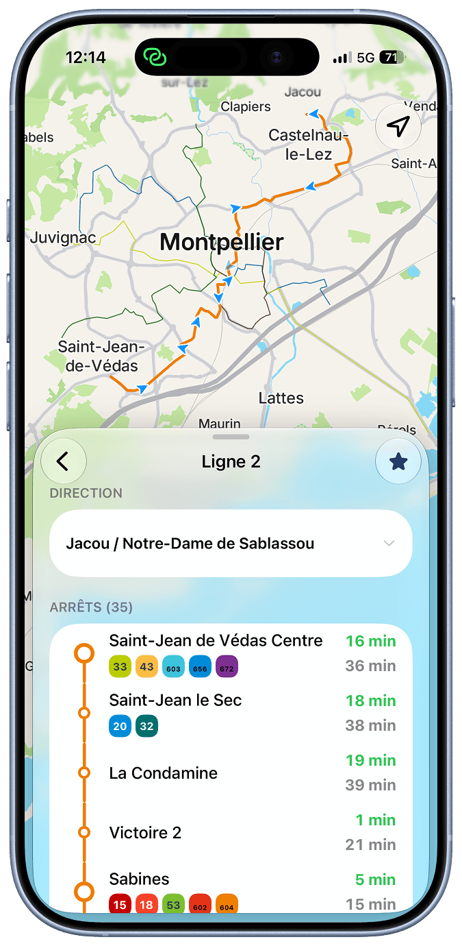Détail de la ligne 2 et de ses prochains passages
