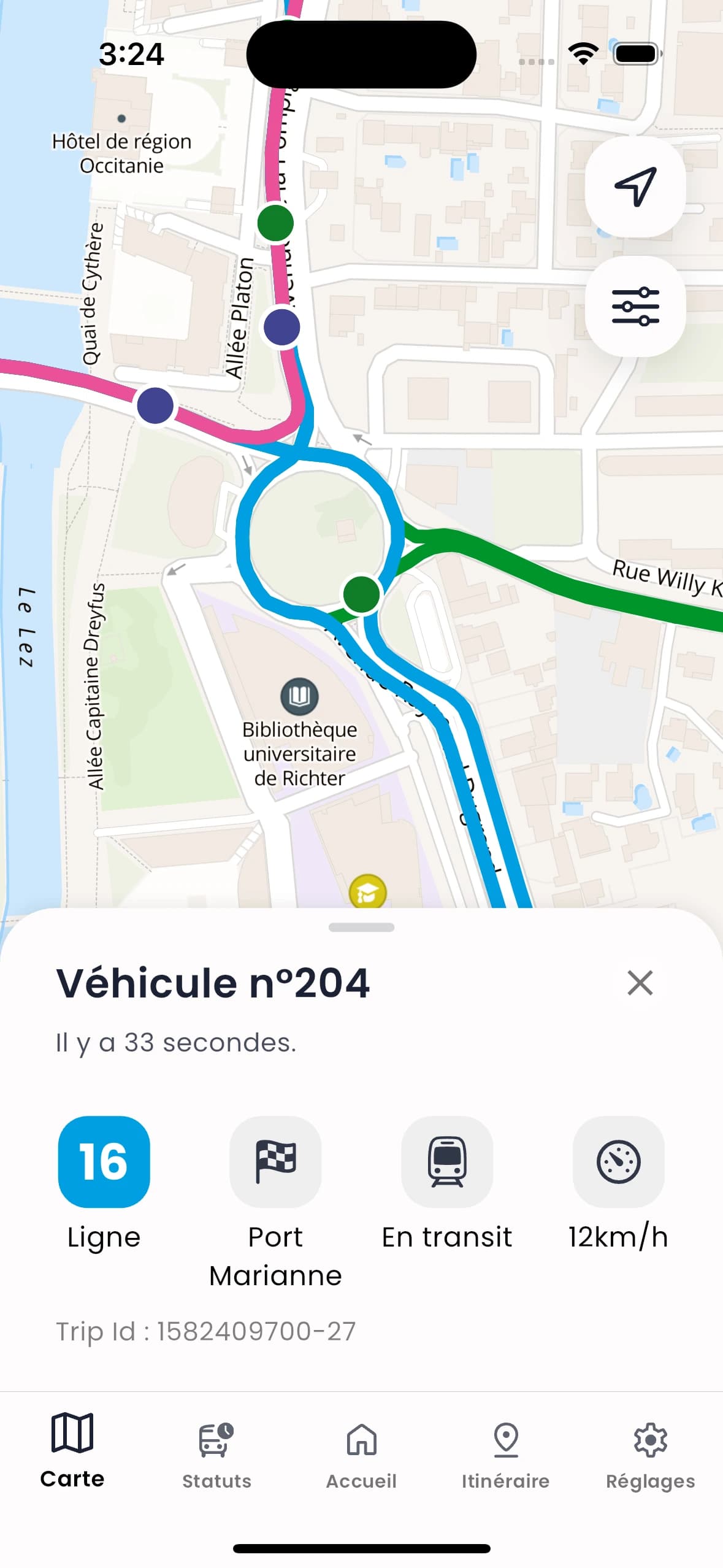 Image de la position d'un tram en temps réel